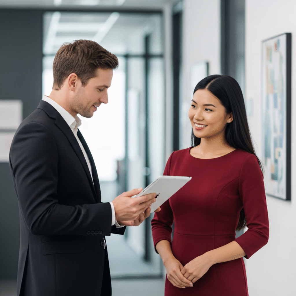 Two professionals in a modern office discussing something on a tablet, showcasing collaboration and a positive work environment.