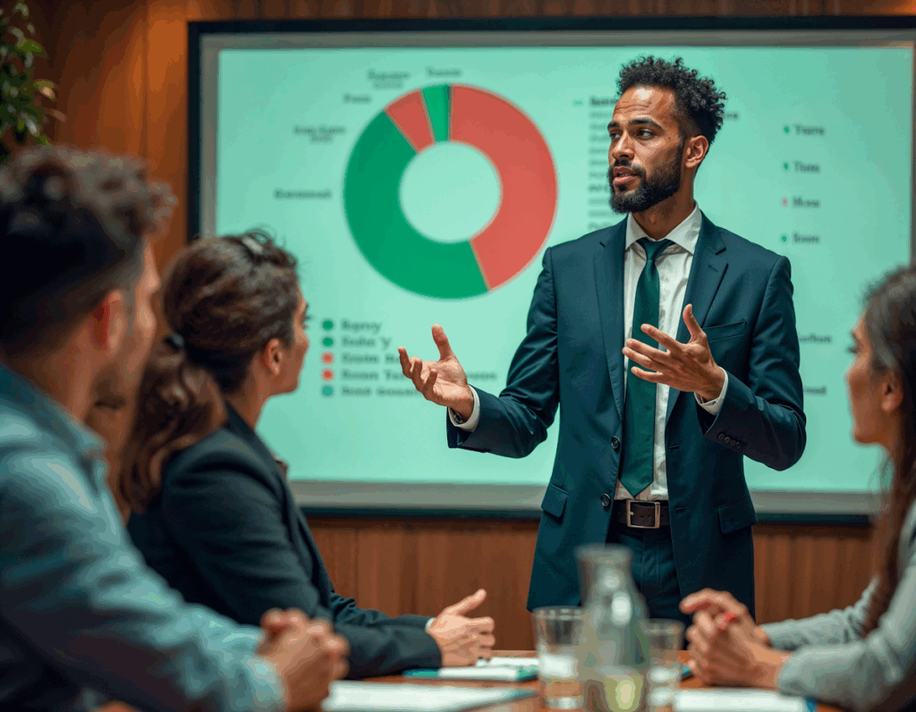 Business meeting with a presenter in a green suit discussing a pie chart. Colleagues listen attentively in a warmly lit room