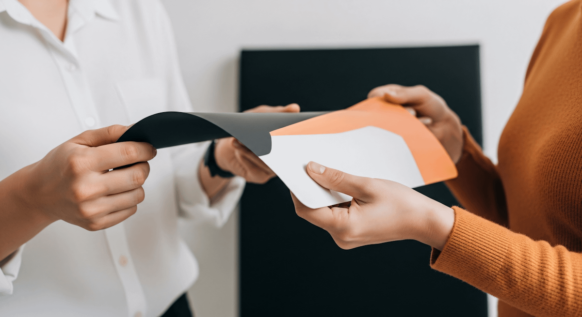 Two people exchanging documents, one in a white shirt and the other in an orange sweater, with a minimalistic background