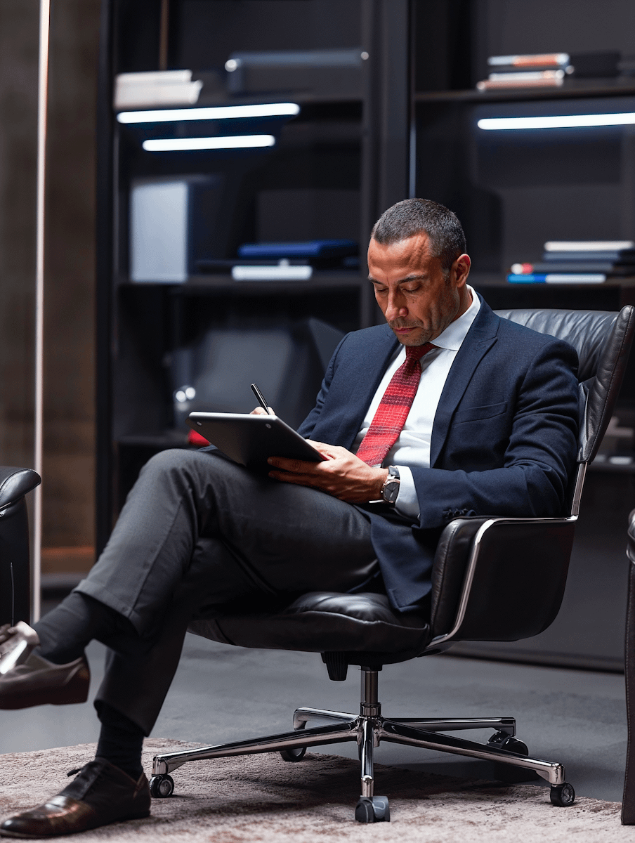 Professional man in a navy suit and red tie working on a tablet in a modern office setting with sleek, dark decor