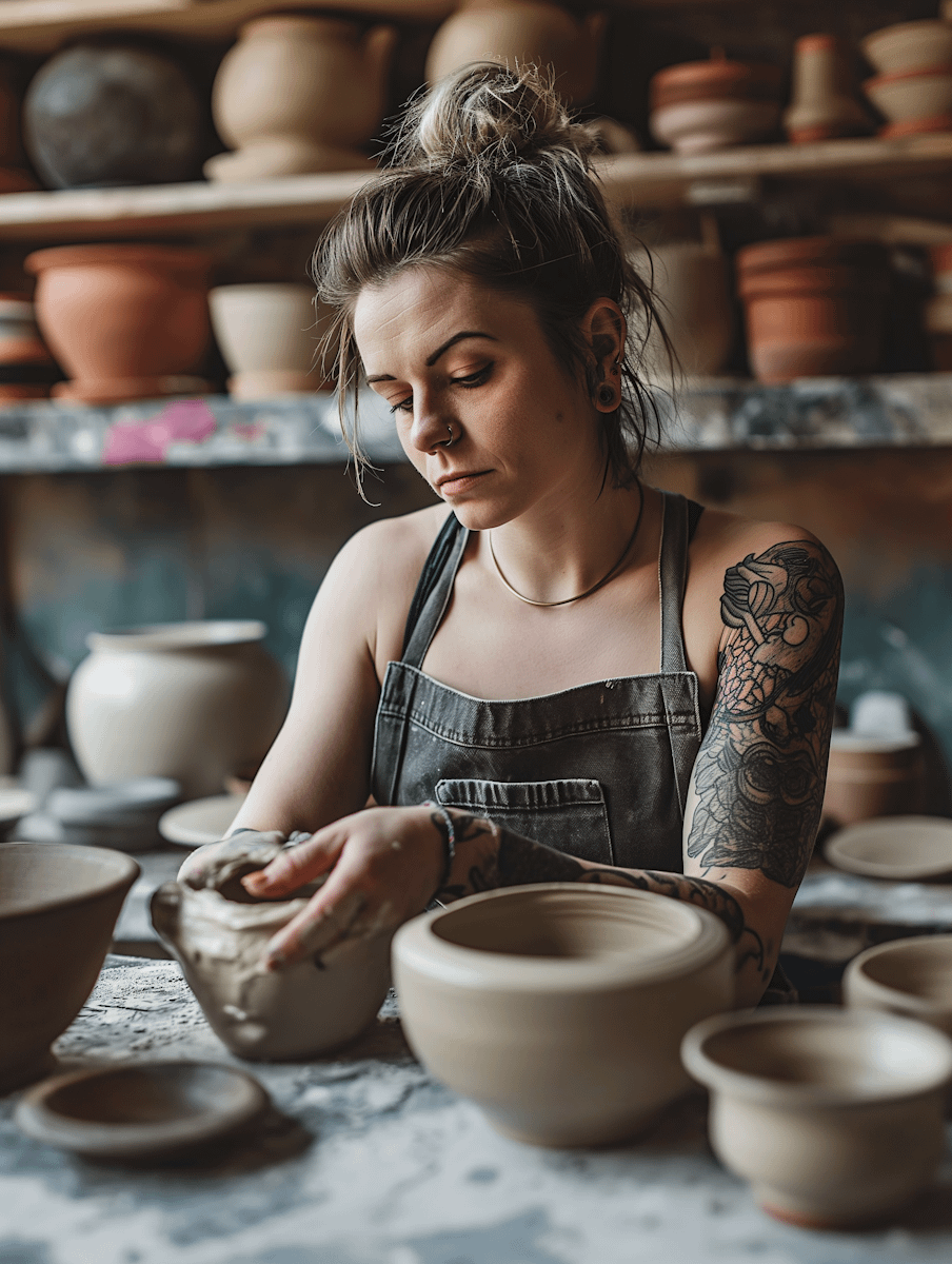 Young woman with tattoos crafting pottery in a studio, surrounded by clay pots and bowls, focused and creative atmosphere