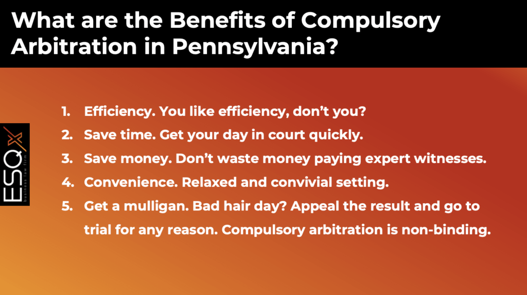 An infographic detailing the advantages of compulsory arbitration in Pennsylvania