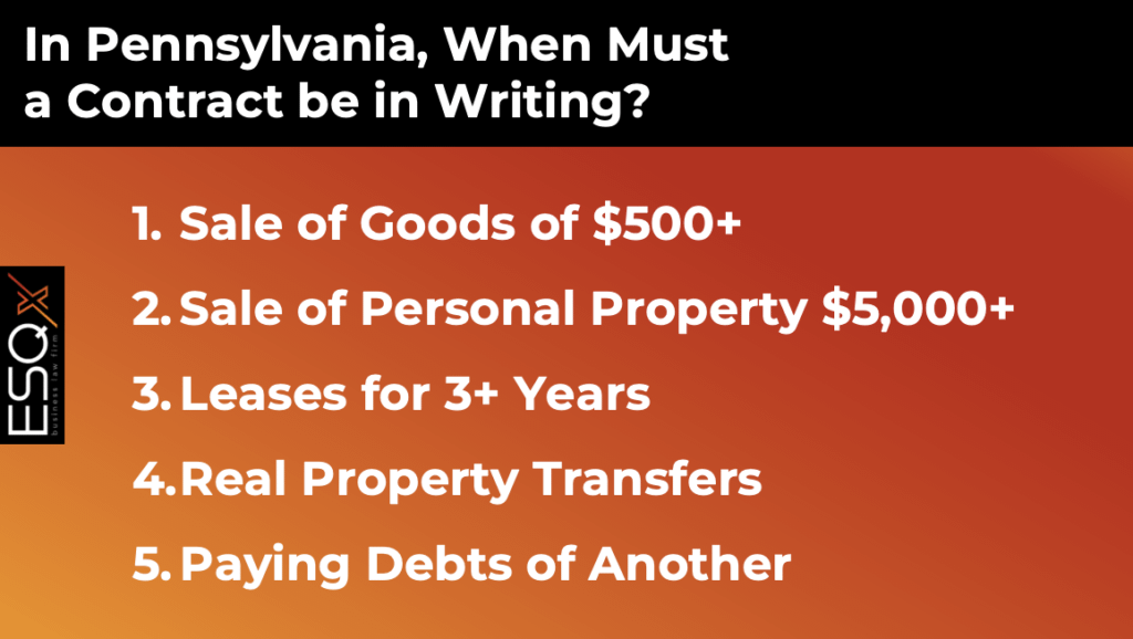 Infographic discussion on when a contract must be in writing in Pennsylvania