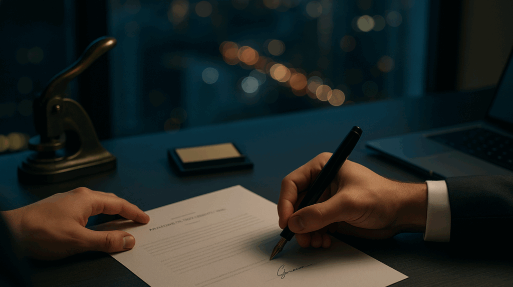 Hands signing business formation paperwork on a charcoal desk with a brass seal press and laptop, city lights blurred at blue hour