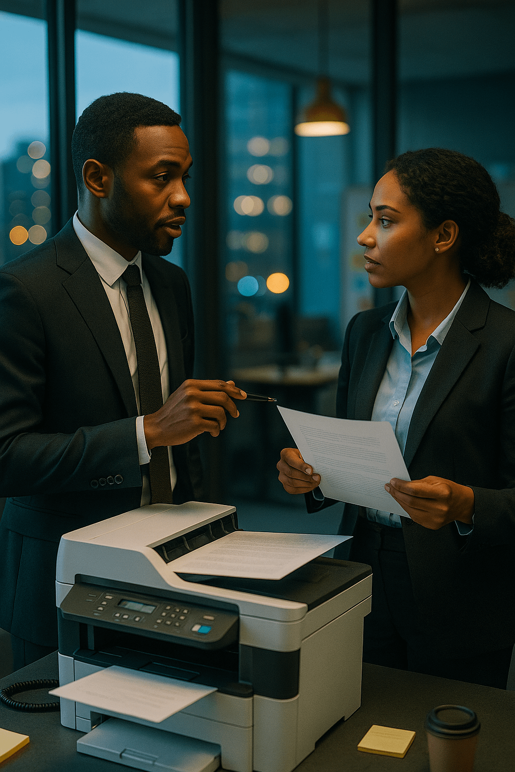 Two professionals in business suits speak beside a multifunction printer, reviewing a freshly printed document in a glass-walled office at dusk