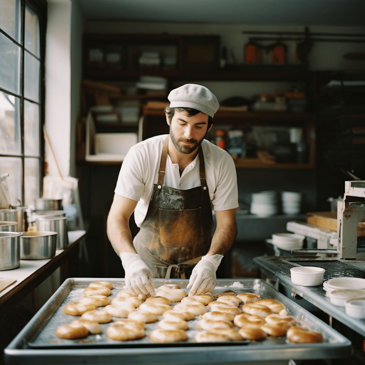 Baker arranging fresh bread rolls in a rustic bakery, wearing apron and cap, with natural light streaming through a large window