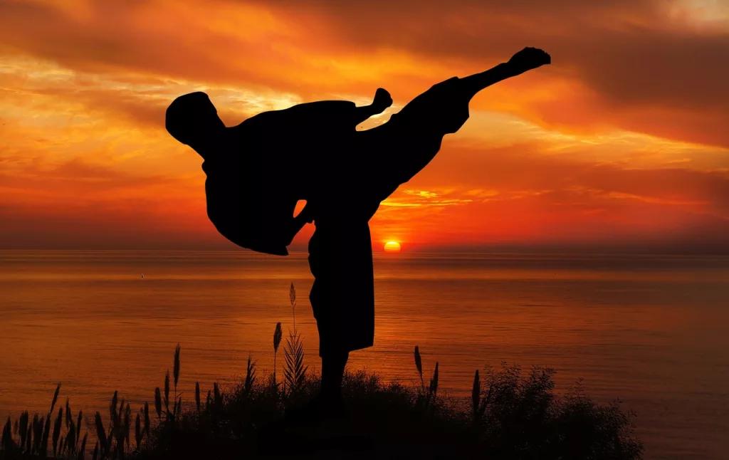 A man performing a kick against a vibrant sunset backdrop