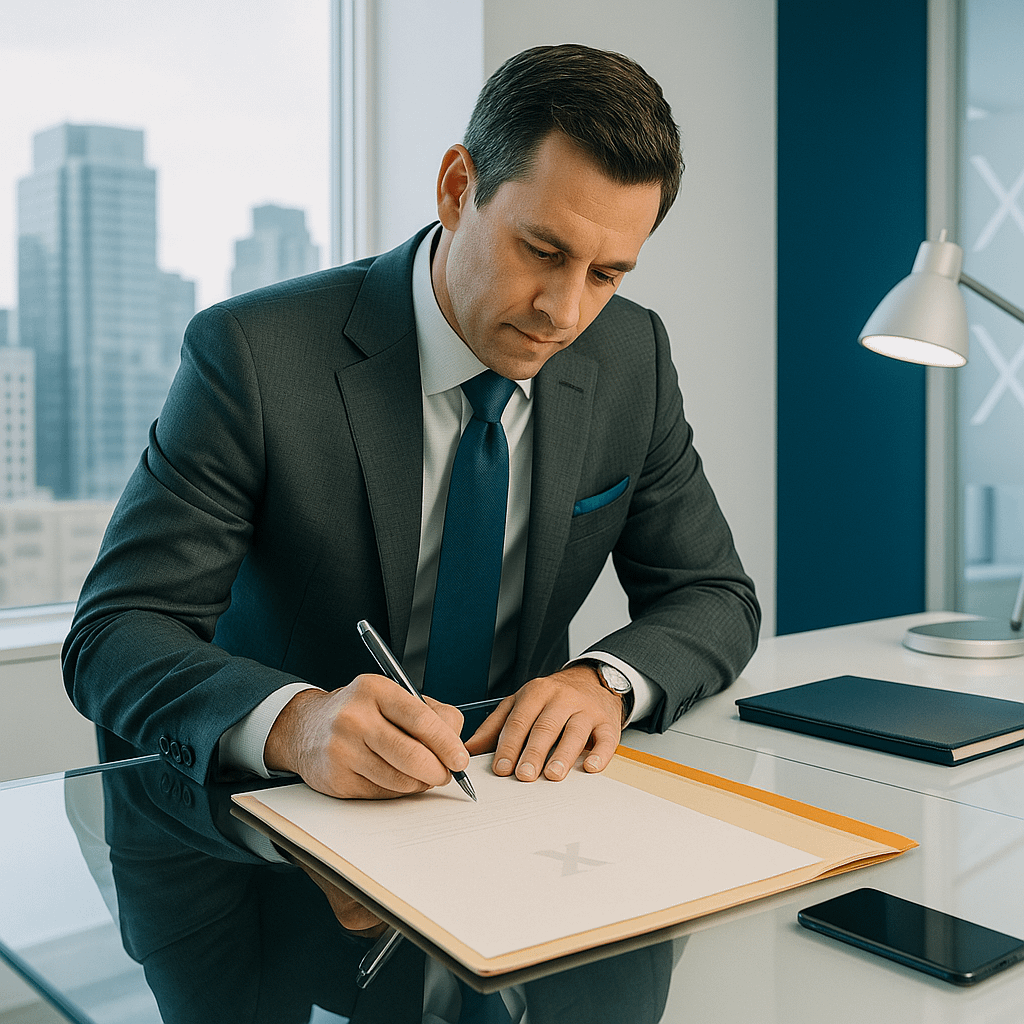 A middle-aged corporate attorney in a charcoal gray suit with a teal pocket square leans over a sleek glass desk in a minimalist law office, signing a document.