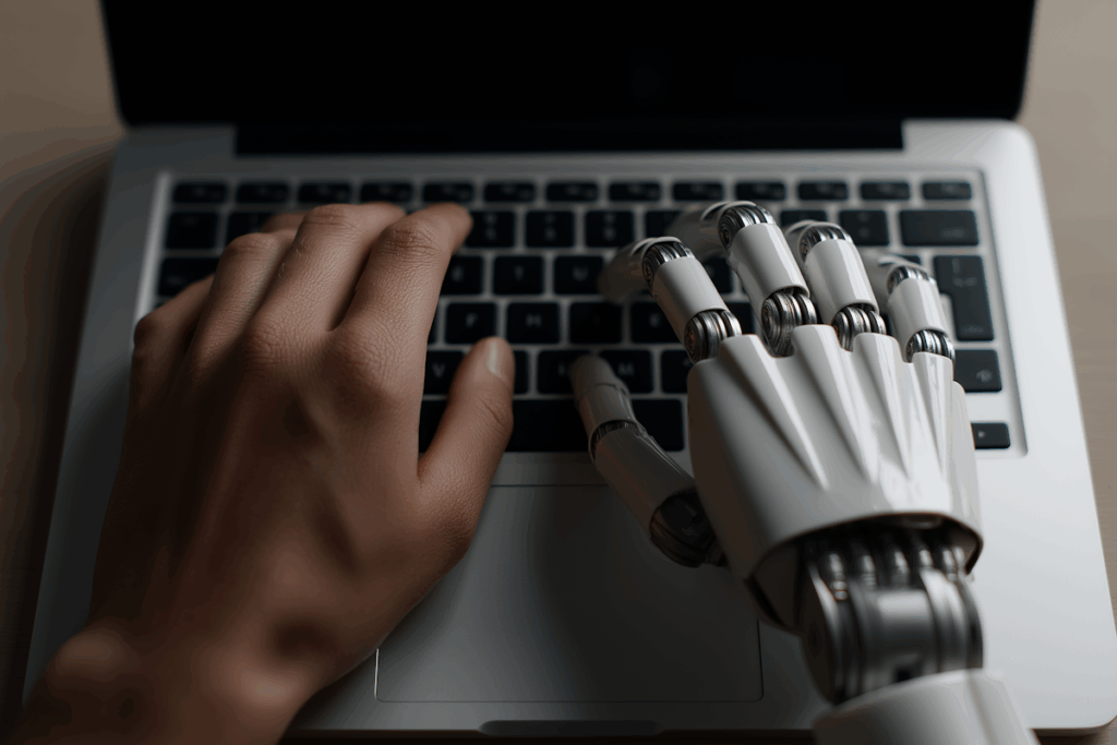 A human hand and a robotic hand typing together on a laptop keyboard