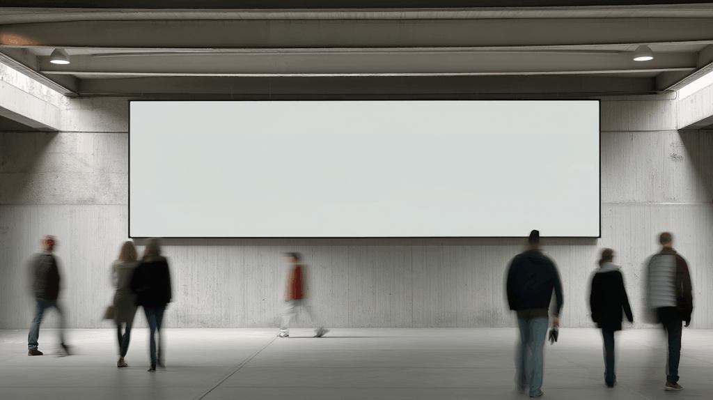 A blank white billboard in an urban setting with people walking by