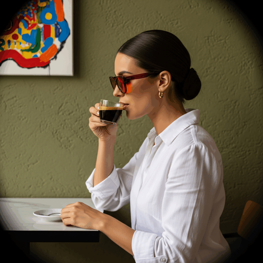 A woman in sunglasses sipping espresso, with a green wall and abstract art in the backgroun