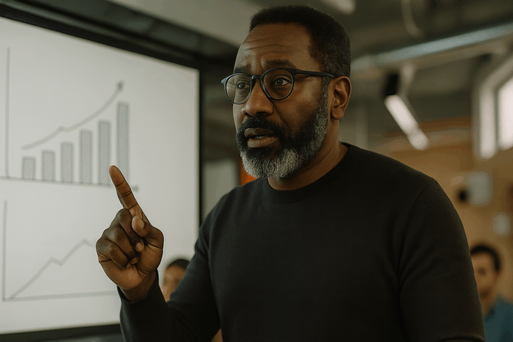 A man with glasses and a salt-and-pepper beard gives a presentation in a modern office, pointing upward as a screen behind him shows bar and line graphs.