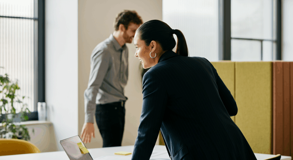 Two professionals in a modern office, one leaning over a desk with a laptop, the other standing and smiling, in a bright, collaborative setting