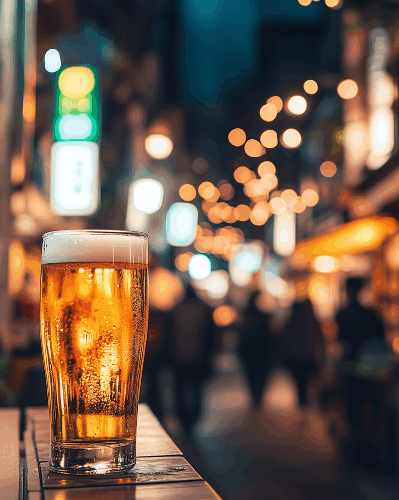 A cold glass of beer on a table with a blurred, bustling street and warm bokeh lights in the background.