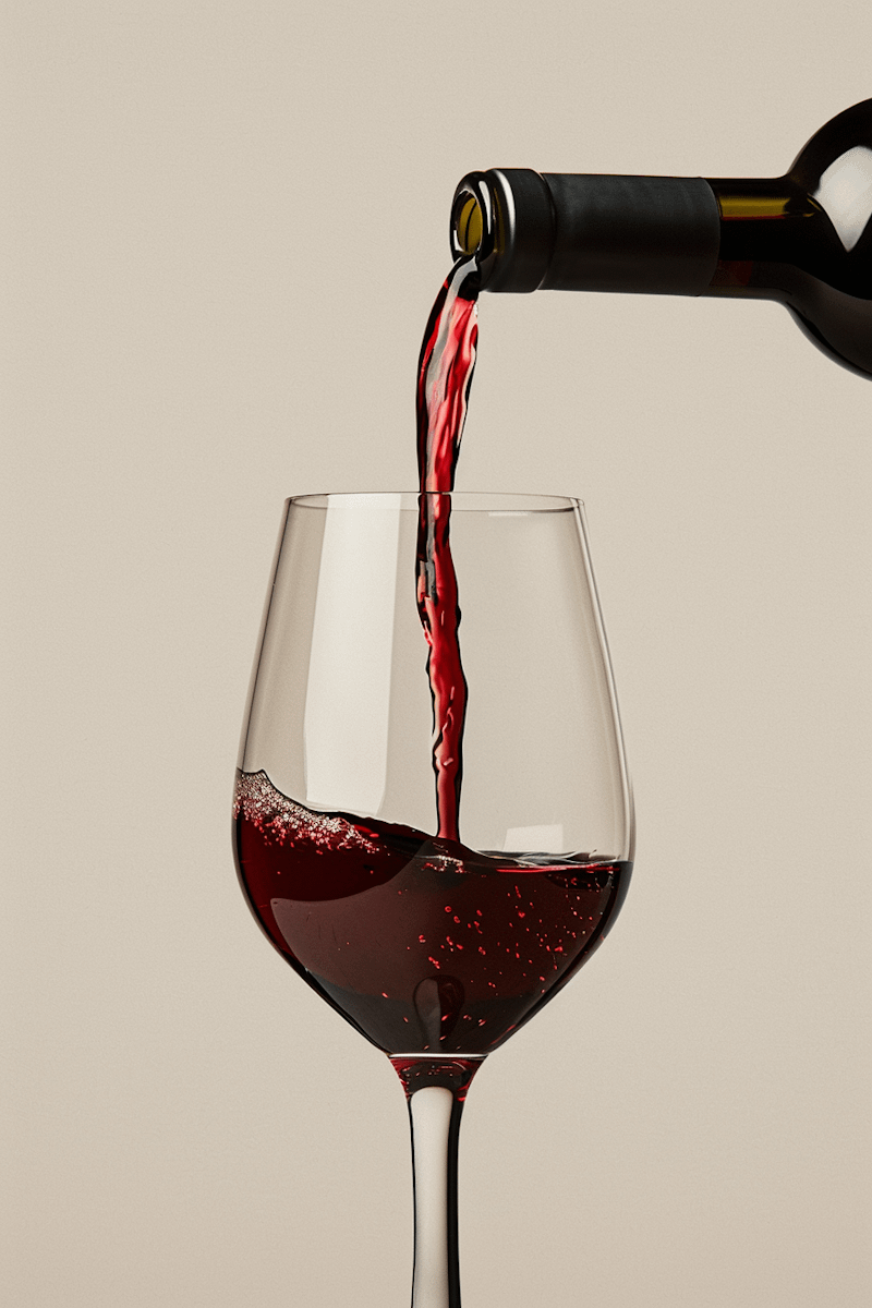 A bottle pouring red wine into a wine glass
