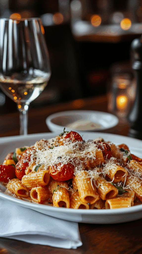 Delicious rigatoni pasta with roasted tomatoes, Parmesan, and basil paired with white wine in a cozy restaurant setting.