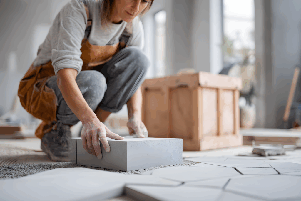 A person carefully places a tile on a floor in a workshop, wearing a brown apron and gray pants, with tools and materials around them.