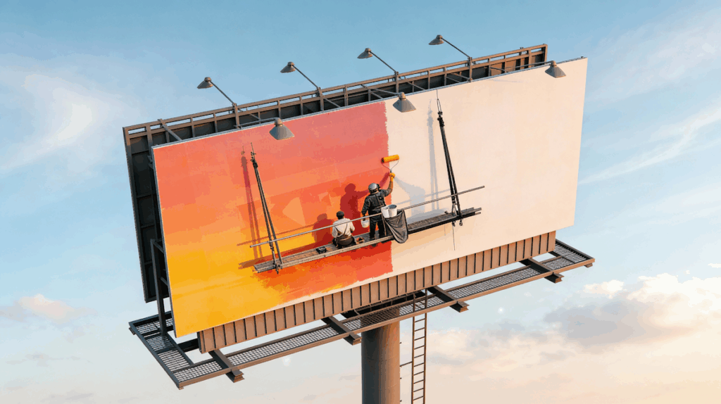 Two workers paint a billboard with a vibrant gradient, suspended high against a clear blue sky, showcasing their precision and artistry.