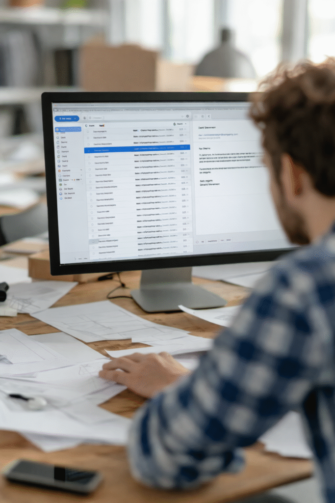 Man focused on a computer, surrounded by papers and documents, engaged in work or research.
