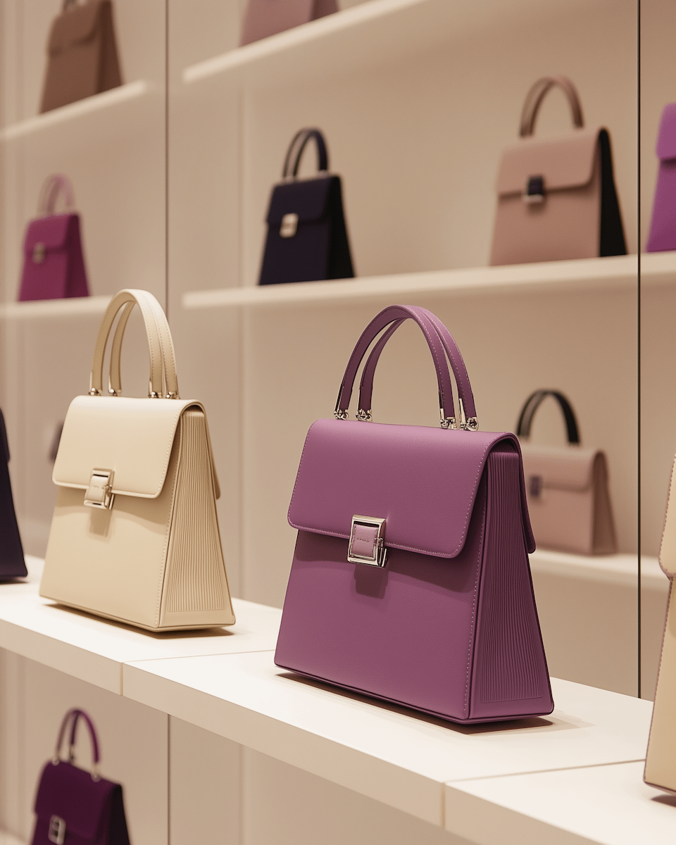 A row of stylish purses displayed neatly on shelves in a retail store.
