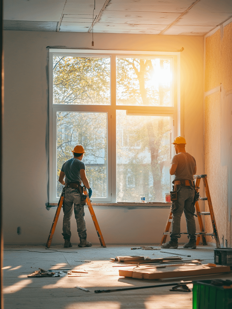 Two construction workers in a sunlit room, renovating a window frame with tools and materials scattered on the floor.
