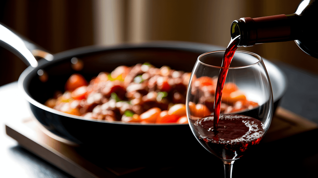 Pouring red wine into a glass with a skillet of vibrant cherry tomatoes and herbs in the background. Perfect for food and wine lovers.