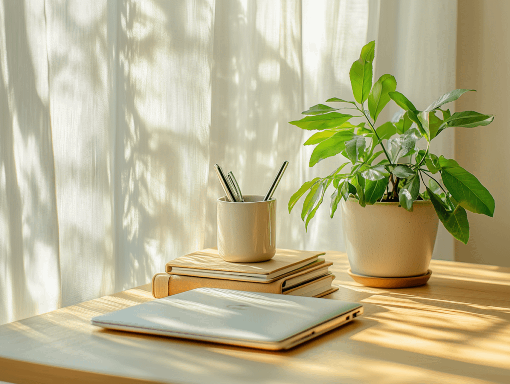 A minimalist desk setup with a laptop, notebooks, pens, and a vibrant potted plant, illuminated by soft sunlight through sheer curtains.