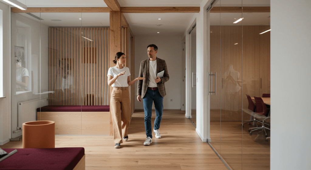 Two colleagues walking and discussing in a modern office hallway with glass walls and wooden accents, creating a professional yet casual vibe.